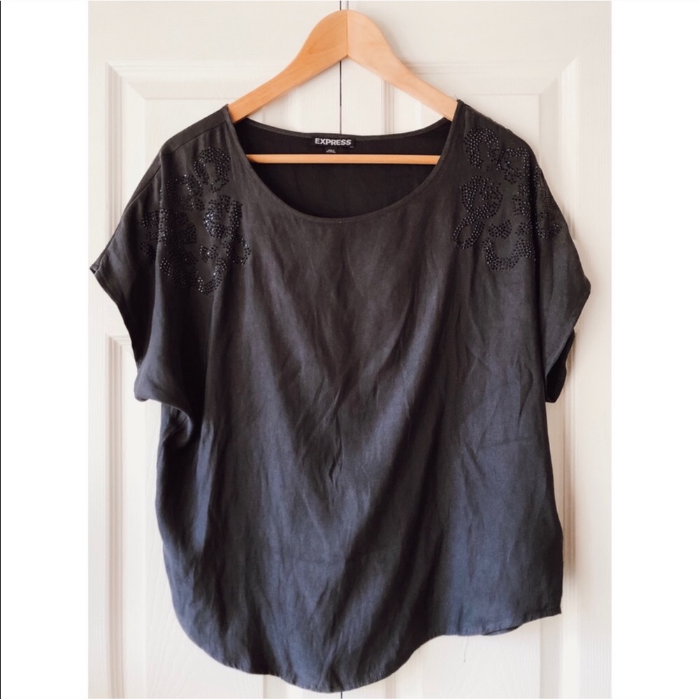 Express flowy embellished jewel top slate grey XS